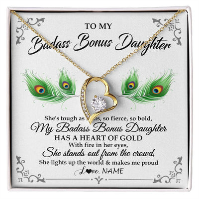 Forever Love Necklace 18K Yellow Gold Finish | 1 | Personalized To My Badass Bonus Daughter Necklace From Bonus Mom Love You Always Bonus Daughter Birthday Graduation Christmas Customized Gift Box Message Card | siriusteestore