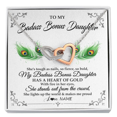 Interlocking Hearts Necklace Stainless Steel & Rose Gold Finish | 1 | Personalized To My Badass Bonus Daughter Necklace From Bonus Mom Love You Always Bonus Daughter Birthday Graduation Christmas Customized Gift Box Message Card | siriusteestore