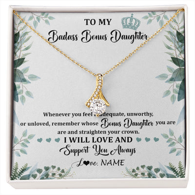 Alluring Beauty Necklace 18K Yellow Gold Finish | 1 | Personalized To My Badass Bonus Daughter Necklace From Stepdad Mom Straighten Your Crown Stepddaughter Birthday Christmas Customized Gift Box Message Card | siriusteestore