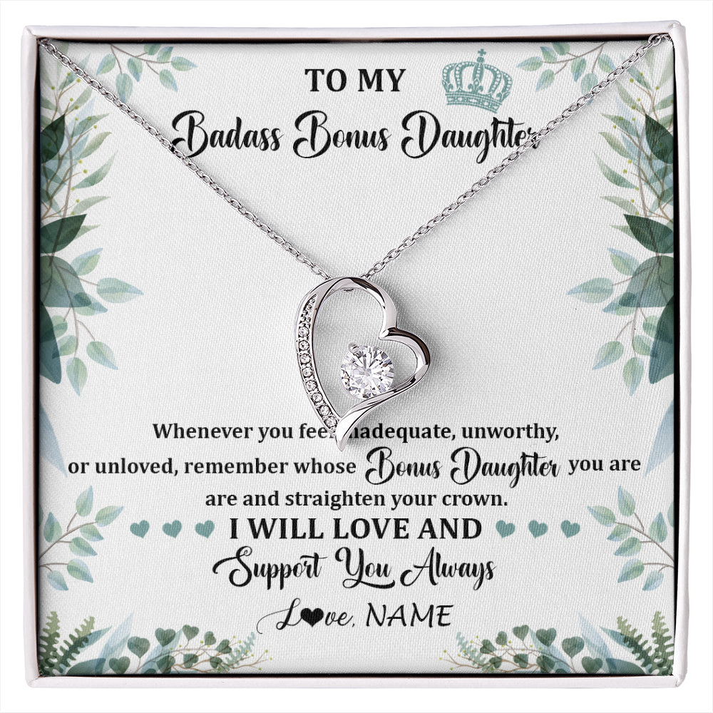 Forever Love Necklace 14K White Gold Finish | 1 | Personalized To My Badass Bonus Daughter Necklace From Stepdad Mom Straighten Your Crown Stepddaughter Birthday Christmas Customized Gift Box Message Card | siriusteestore
