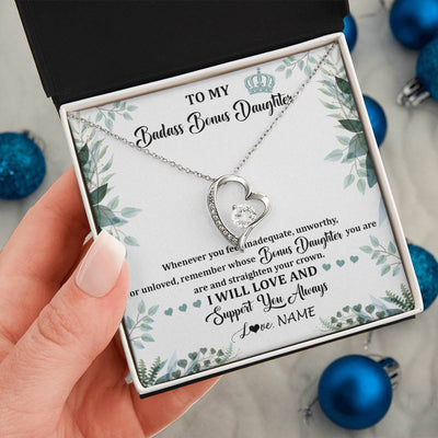 Forever Love Necklace 14K White Gold Finish | 2 | Personalized To My Badass Bonus Daughter Necklace From Stepdad Mom Straighten Your Crown Stepddaughter Birthday Christmas Customized Gift Box Message Card | siriusteestore