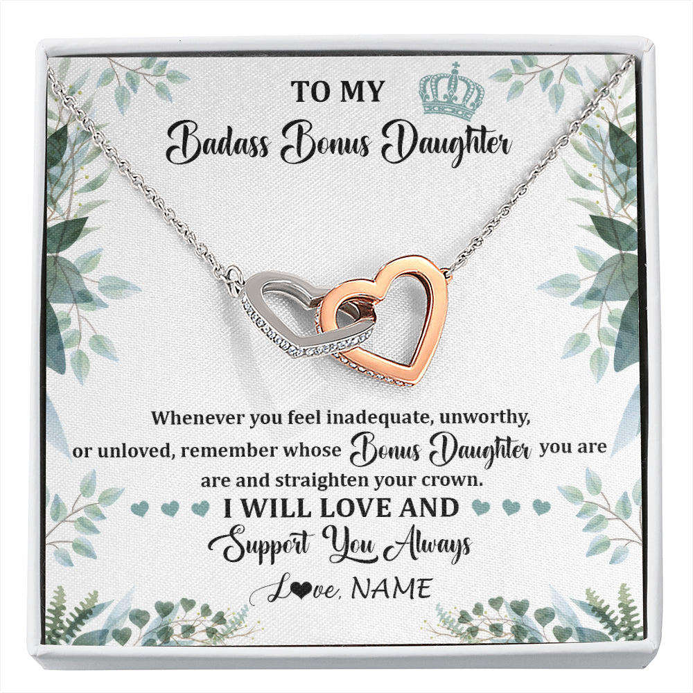 Interlocking Hearts Necklace Stainless Steel & Rose Gold Finish | 1 | Personalized To My Badass Bonus Daughter Necklace From Stepdad Mom Straighten Your Crown Stepddaughter Birthday Christmas Customized Gift Box Message Card | siriusteestore