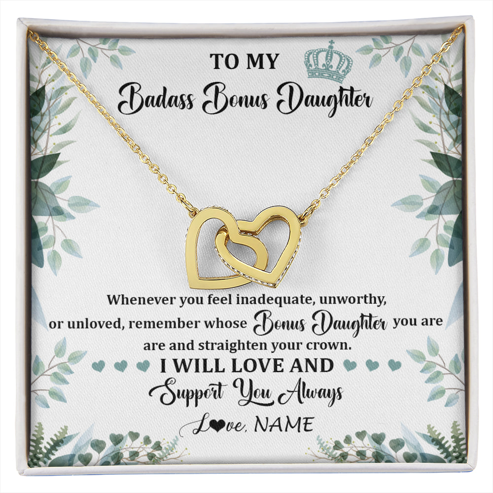 Interlocking Hearts Necklace 18K Yellow Gold Finish | 1 | Personalized To My Badass Bonus Daughter Necklace From Stepdad Mom Straighten Your Crown Stepddaughter Birthday Christmas Customized Gift Box Message Card | siriusteestore