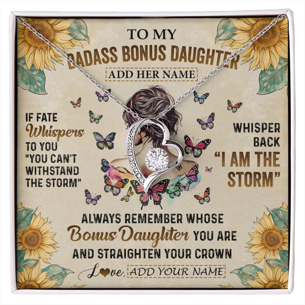 Forever Love Necklace 14K White Gold Finish | 1 | Personalized To My Badass Bonus Daughter Necklace From Stepdad Stepmom I Am The Storm Stepdaughter Gifts Birthday Christmas Customized Gift Box Message Card | siriusteestore