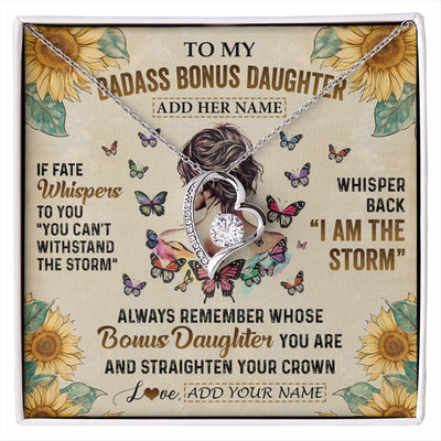 Forever Love Necklace 14K White Gold Finish | 1 | Personalized To My Badass Bonus Daughter Necklace From Stepdad Stepmom I Am The Storm Stepdaughter Gifts Birthday Christmas Customized Gift Box Message Card | siriusteestore