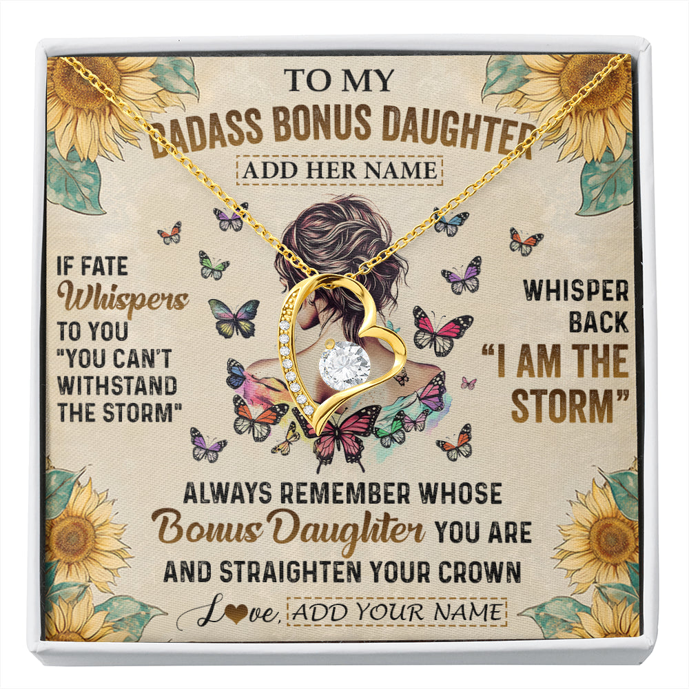 Forever Love Necklace 18K Yellow Gold Finish | 1 | Personalized To My Badass Bonus Daughter Necklace From Stepdad Stepmom I Am The Storm Stepdaughter Gifts Birthday Christmas Customized Gift Box Message Card | siriusteestore
