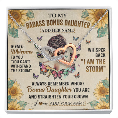 Interlocking Hearts Necklace Stainless Steel & Rose Gold Finish | 1 | Personalized To My Badass Bonus Daughter Necklace From Stepdad Stepmom I Am The Storm Stepdaughter Gifts Birthday Christmas Customized Gift Box Message Card | siriusteestore