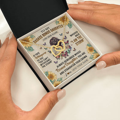 Interlocking Hearts Necklace 18K Yellow Gold Finish | 2 | Personalized To My Badass Bonus Daughter Necklace From Stepdad Stepmom I Am The Storm Stepdaughter Gifts Birthday Christmas Customized Gift Box Message Card | siriusteestore