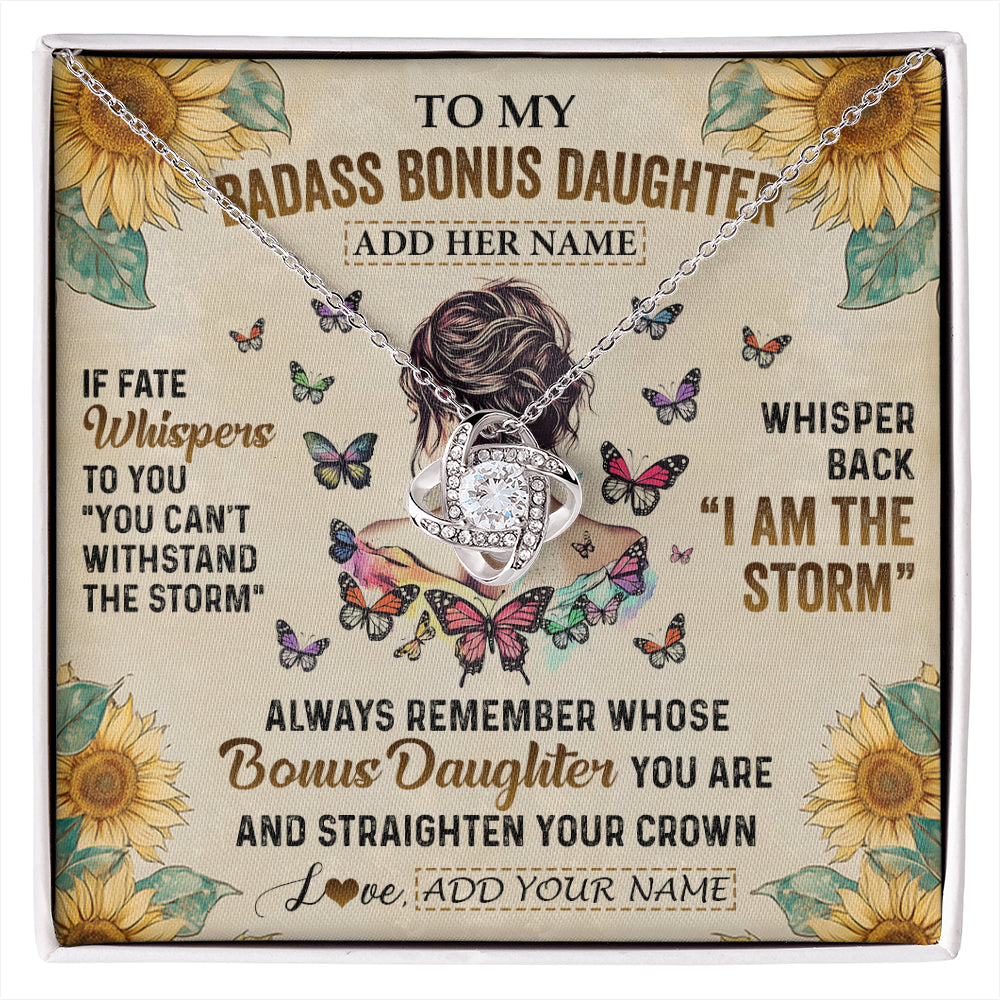 Love Knot Necklace 14K White Gold Finish | 1 | Personalized To My Badass Bonus Daughter Necklace From Stepdad Stepmom I Am The Storm Stepdaughter Gifts Birthday Christmas Customized Gift Box Message Card | siriusteestore