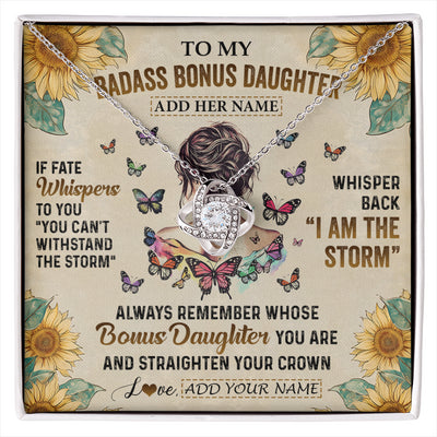 Love Knot Necklace 14K White Gold Finish | 1 | Personalized To My Badass Bonus Daughter Necklace From Stepdad Stepmom I Am The Storm Stepdaughter Gifts Birthday Christmas Customized Gift Box Message Card | siriusteestore