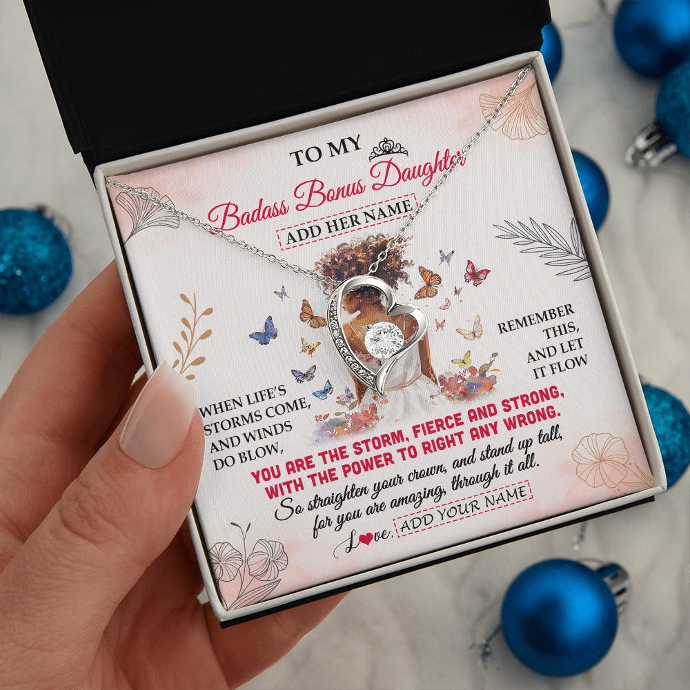 Forever Love Necklace 14K White Gold Finish | 2 | Personalized To My Badass Bonus Daughter Necklace From StepmomFloral Butterfly African Afro Stepdaughter Birthday Gifts Christmas Custom Gift Box Message Card | https://siriusteestore.