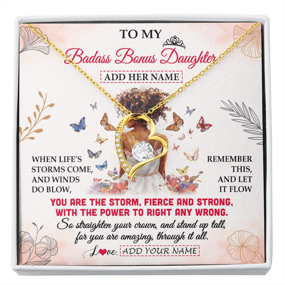 Forever Love Necklace 18K Yellow Gold Finish | 1 | Personalized To My Badass Bonus Daughter Necklace From StepmomFloral Butterfly African Afro Stepdaughter Birthday Gifts Christmas Custom Gift Box Message Card | https://siriusteestore.