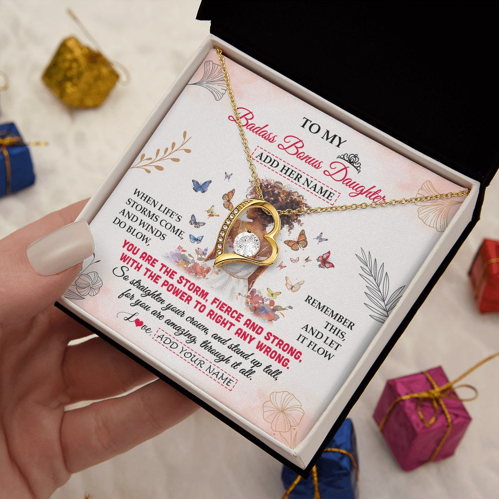 Forever Love Necklace 18K Yellow Gold Finish | 2 | Personalized To My Badass Bonus Daughter Necklace From StepmomFloral Butterfly African Afro Stepdaughter Birthday Gifts Christmas Custom Gift Box Message Card | https://siriusteestore.