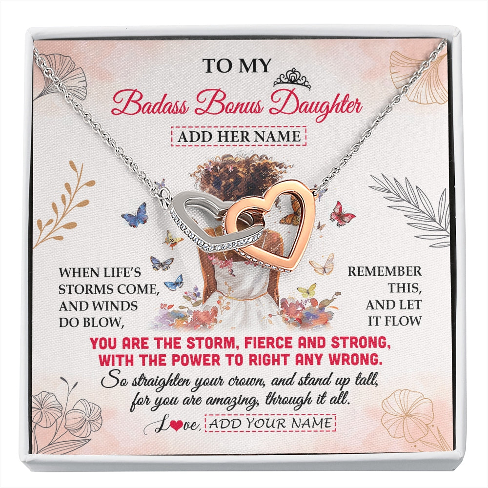 Interlocking Hearts Necklace Stainless Steel & Rose Gold Finish | 1 | Personalized To My Badass Bonus Daughter Necklace From StepmomFloral Butterfly African Afro Stepdaughter Birthday Gifts Christmas Custom Gift Box Message Card | https://siriusteestore.