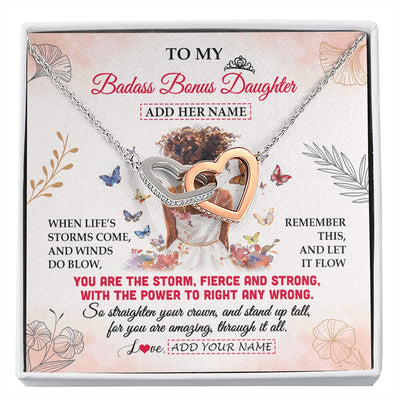 Interlocking Hearts Necklace Stainless Steel & Rose Gold Finish | 1 | Personalized To My Badass Bonus Daughter Necklace From StepmomFloral Butterfly African Afro Stepdaughter Birthday Gifts Christmas Custom Gift Box Message Card | https://siriusteestore.