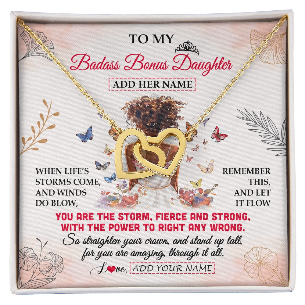 Interlocking Hearts Necklace 18K Yellow Gold Finish | 1 | Personalized To My Badass Bonus Daughter Necklace From StepmomFloral Butterfly African Afro Stepdaughter Birthday Gifts Christmas Custom Gift Box Message Card | https://siriusteestore.