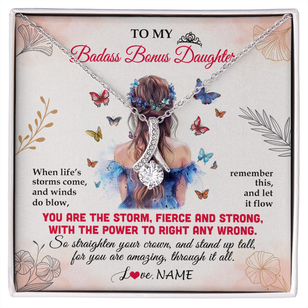 Alluring Beauty Necklace 14K White Gold Finish | 1 | Personalized To My Badass Bonus Daughter Necklace From Stepmom Bonus Dad Floral Butterfly Stepdaughter Birthday Christmas Customized Gift Box Message Card | siriusteestore