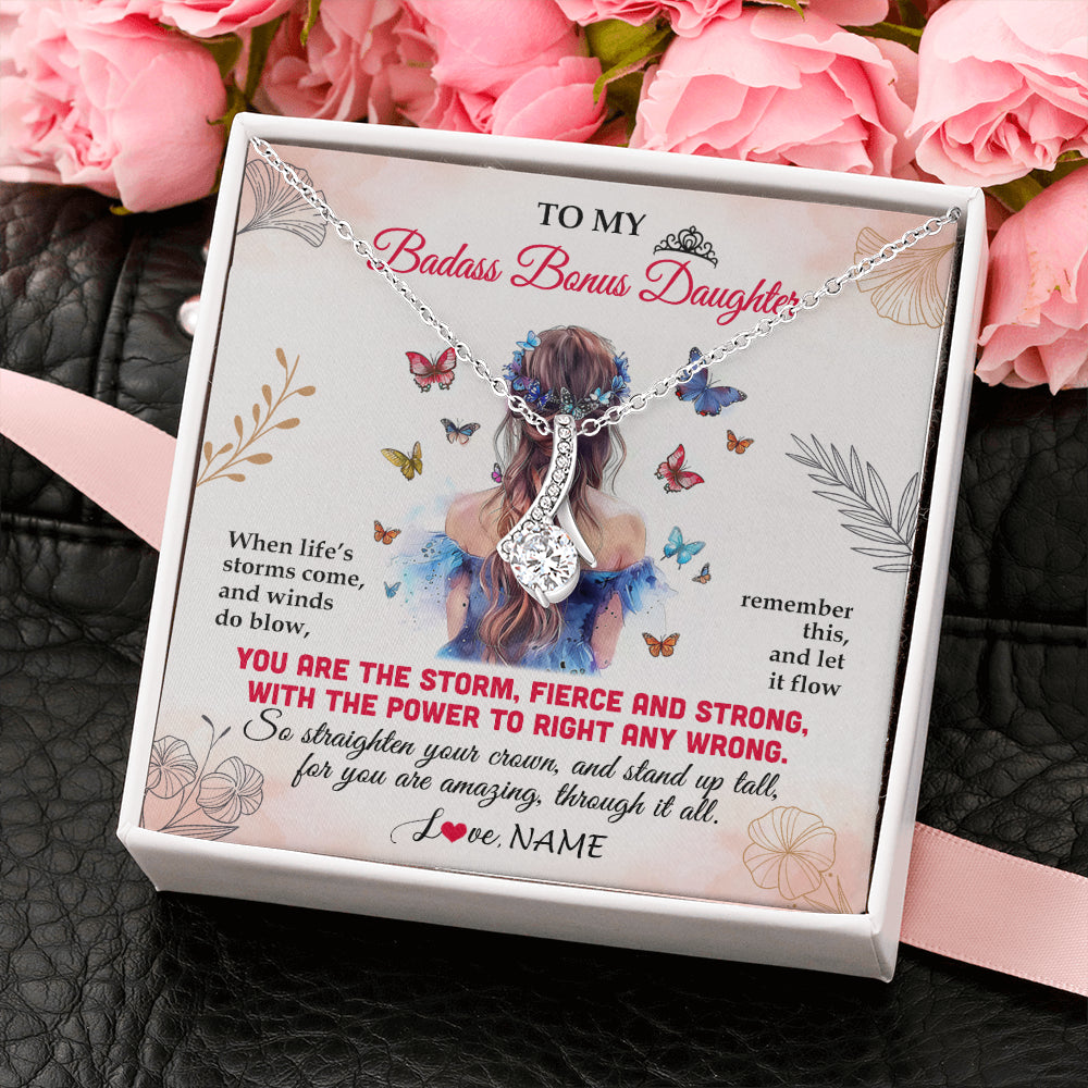 Alluring Beauty Necklace 14K White Gold Finish | 2 | Personalized To My Badass Bonus Daughter Necklace From Stepmom Bonus Dad Floral Butterfly Stepdaughter Birthday Christmas Customized Gift Box Message Card | siriusteestore