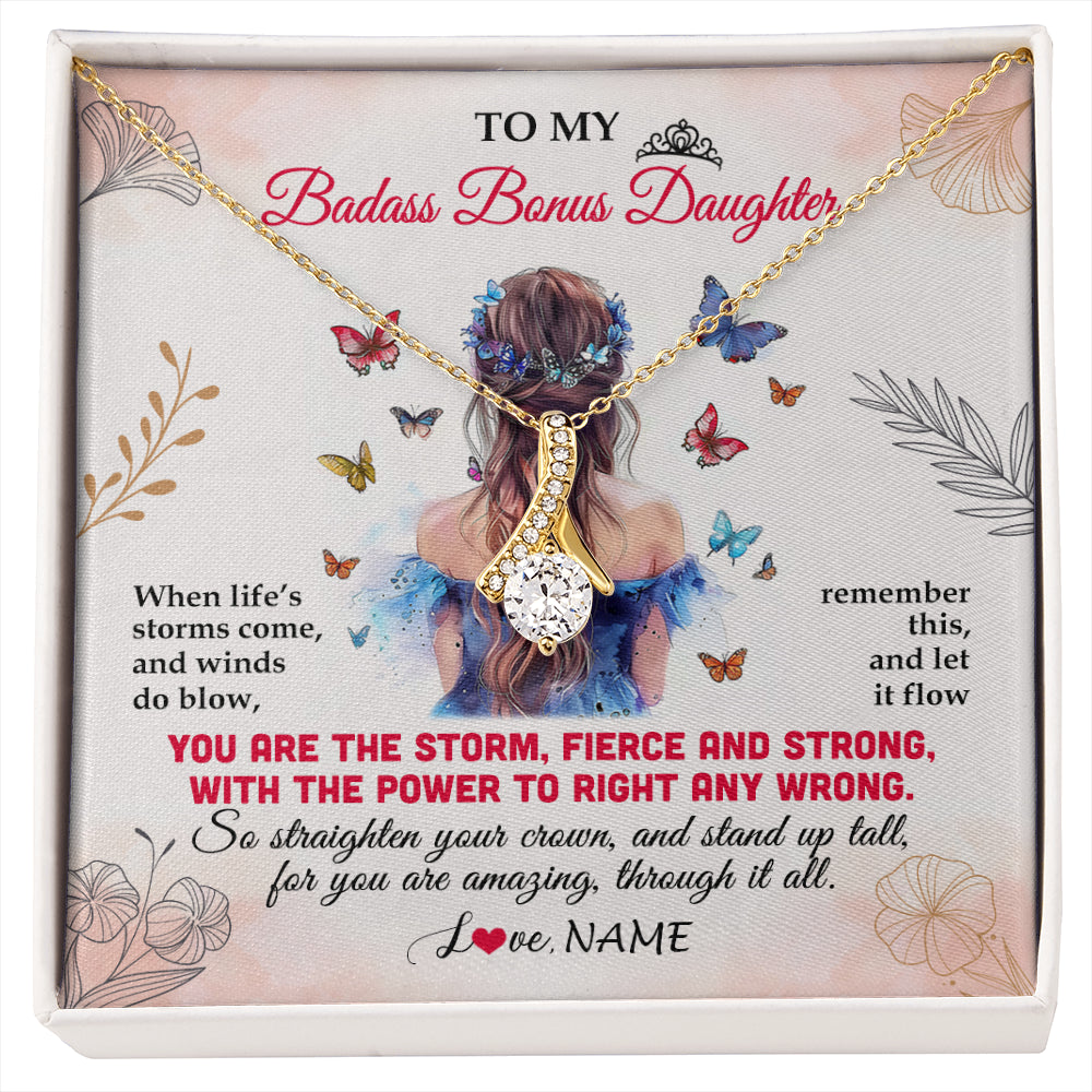 Alluring Beauty Necklace 18K Yellow Gold Finish | 1 | Personalized To My Badass Bonus Daughter Necklace From Stepmom Bonus Dad Floral Butterfly Stepdaughter Birthday Christmas Customized Gift Box Message Card | siriusteestore
