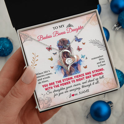 Forever Love Necklace 14K White Gold Finish | 2 | Personalized To My Badass Bonus Daughter Necklace From Stepmom Bonus Dad Floral Butterfly Stepdaughter Birthday Christmas Customized Gift Box Message Card | siriusteestore