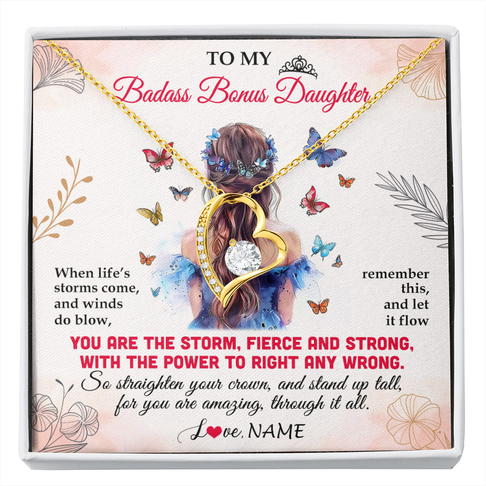 Forever Love Necklace 18K Yellow Gold Finish | 1 | Personalized To My Badass Bonus Daughter Necklace From Stepmom Bonus Dad Floral Butterfly Stepdaughter Birthday Christmas Customized Gift Box Message Card | siriusteestore