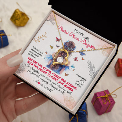 Forever Love Necklace 18K Yellow Gold Finish | 2 | Personalized To My Badass Bonus Daughter Necklace From Stepmom Bonus Dad Floral Butterfly Stepdaughter Birthday Christmas Customized Gift Box Message Card | siriusteestore