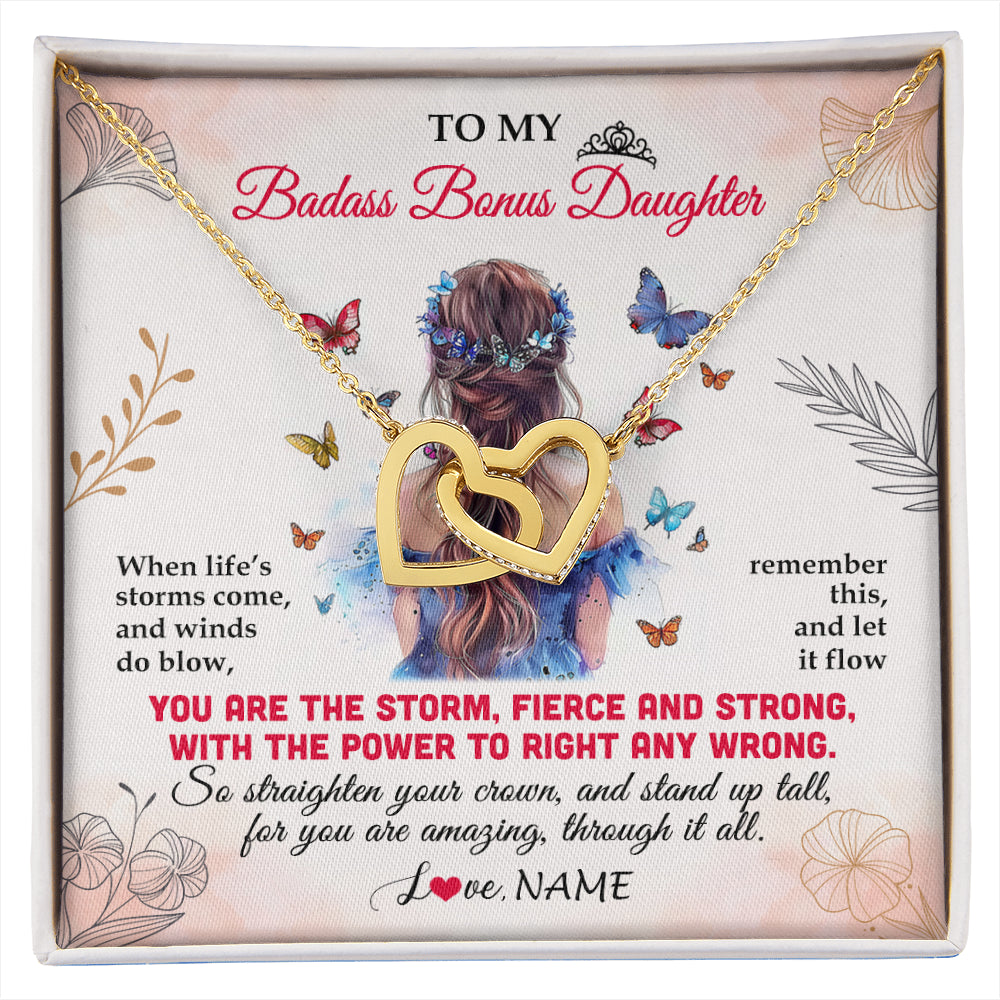 Interlocking Hearts Necklace 18K Yellow Gold Finish | 1 | Personalized To My Badass Bonus Daughter Necklace From Stepmom Bonus Dad Floral Butterfly Stepdaughter Birthday Christmas Customized Gift Box Message Card | siriusteestore