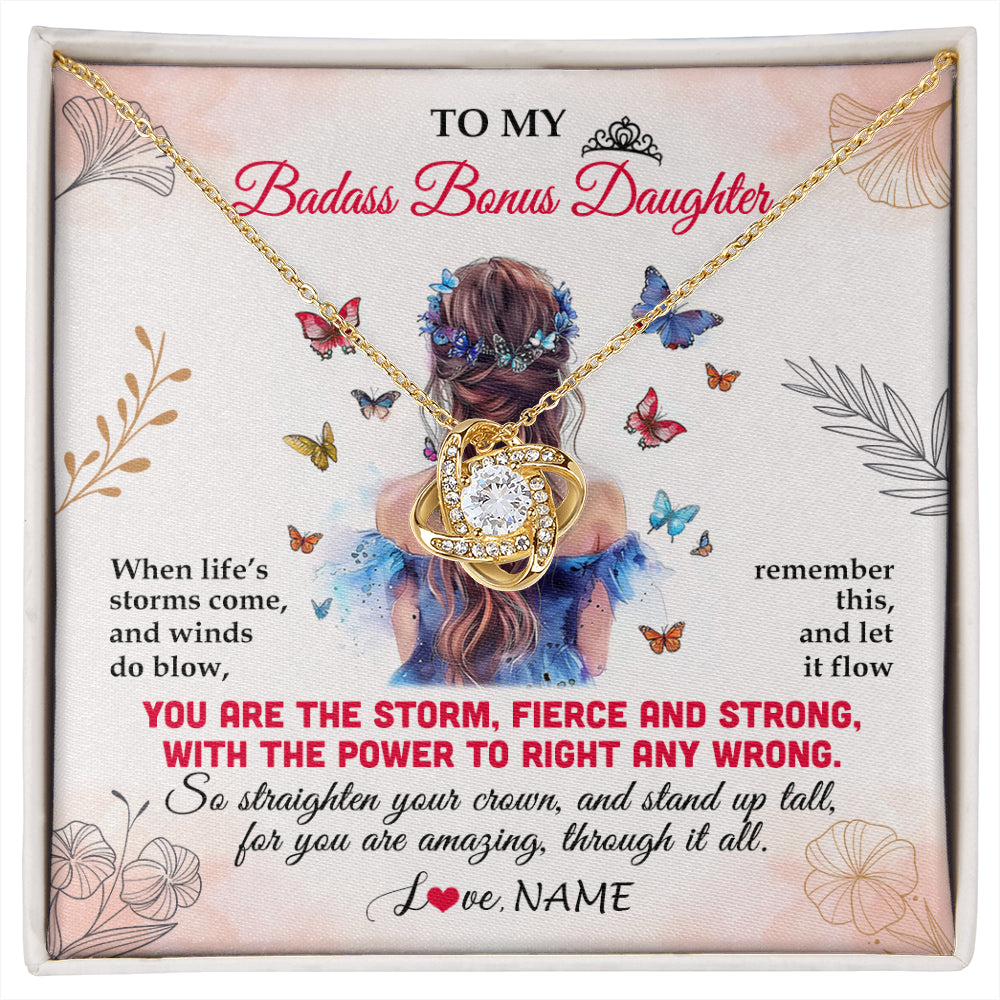 Love Knot Necklace 18K Yellow Gold Finish | 1 | Personalized To My Badass Bonus Daughter Necklace From Stepmom Bonus Dad Floral Butterfly Stepdaughter Birthday Christmas Customized Gift Box Message Card | siriusteestore