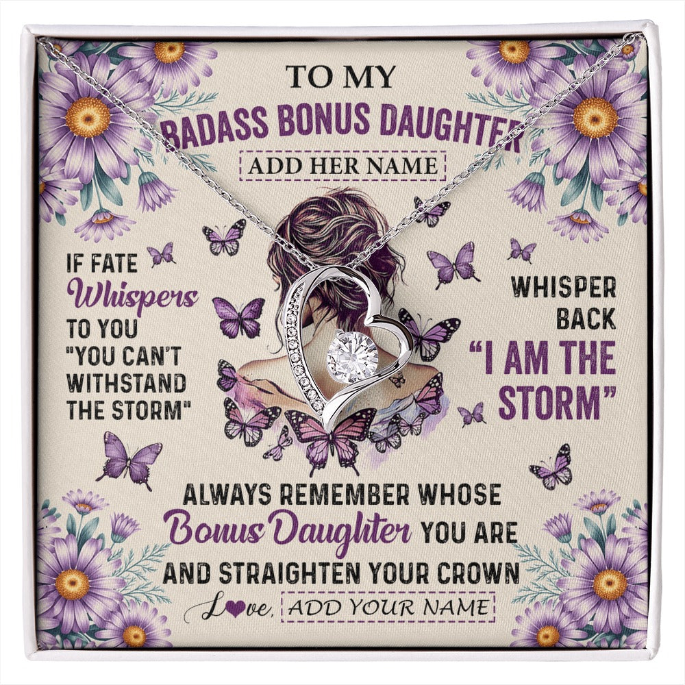 Forever Love Necklace 14K White Gold Finish | 1 | Personalized To My Badass Bonus Daughter Necklace From Stepmom Purple Butterfly I Am The Storm Stepdaughter Gifts Birthday Christmas Gift Box Message Card | https://siriusteestore.