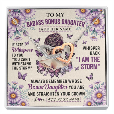 Interlocking Hearts Necklace Stainless Steel & Rose Gold Finish | 1 | Personalized To My Badass Bonus Daughter Necklace From Stepmom Purple Butterfly I Am The Storm Stepdaughter Gifts Birthday Christmas Gift Box Message Card | https://siriusteestore.