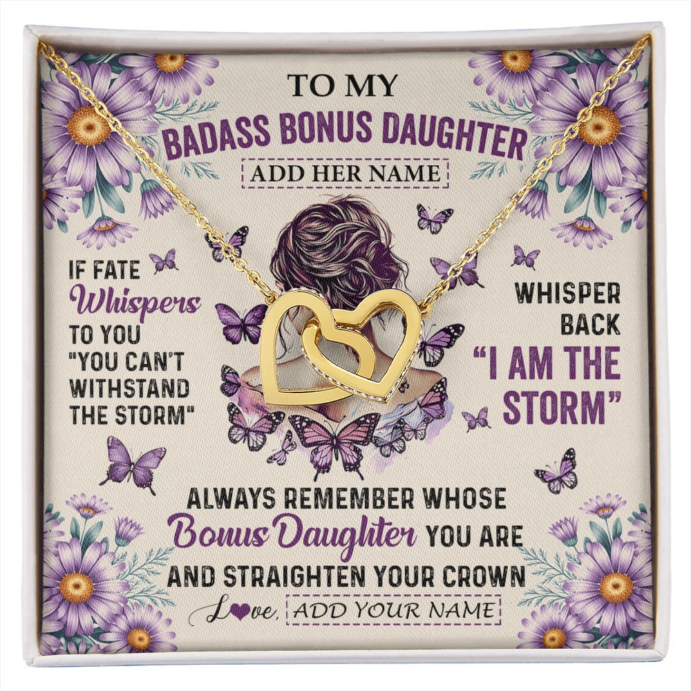 Interlocking Hearts Necklace 18K Yellow Gold Finish | 1 | Personalized To My Badass Bonus Daughter Necklace From Stepmom Purple Butterfly I Am The Storm Stepdaughter Gifts Birthday Christmas Gift Box Message Card | https://siriusteestore.