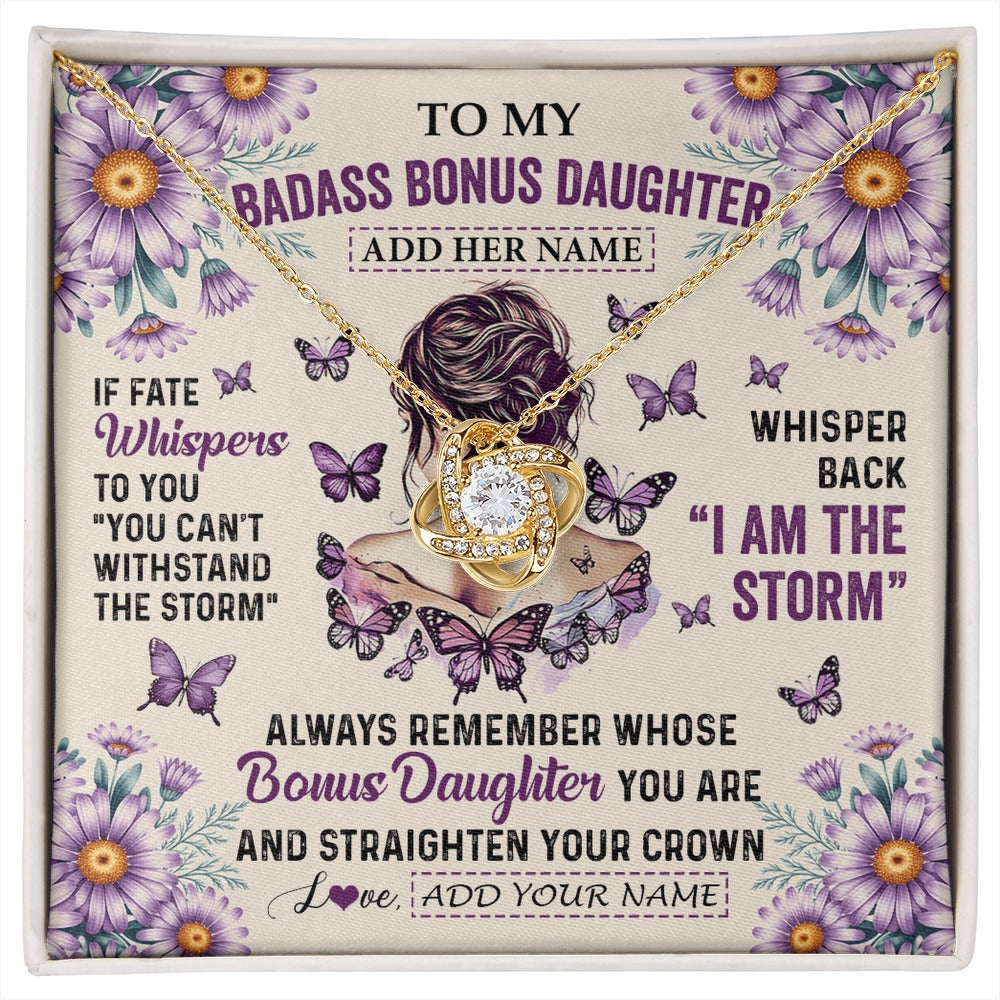 Love Knot Necklace 18K Yellow Gold Finish | 1 | Personalized To My Badass Bonus Daughter Necklace From Stepmom Purple Butterfly I Am The Storm Stepdaughter Gifts Birthday Christmas Gift Box Message Card | https://siriusteestore.