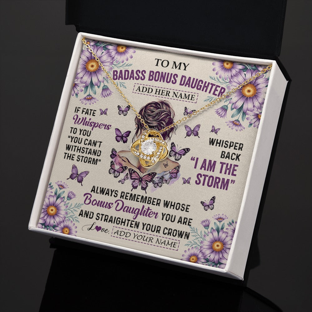 Love Knot Necklace 18K Yellow Gold Finish | 2 | Personalized To My Badass Bonus Daughter Necklace From Stepmom Purple Butterfly I Am The Storm Stepdaughter Gifts Birthday Christmas Gift Box Message Card | https://siriusteestore.