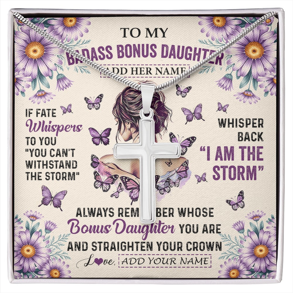 Stainless Cross Necklace Stainless Steel | 1 | Personalized To My Badass Bonus Daughter Necklace From Stepmom Purple Butterfly I Am The Storm Stepdaughter Gifts Birthday Christmas Gift Box Message Card Shirt & Hoodie | https://siriusteestore.