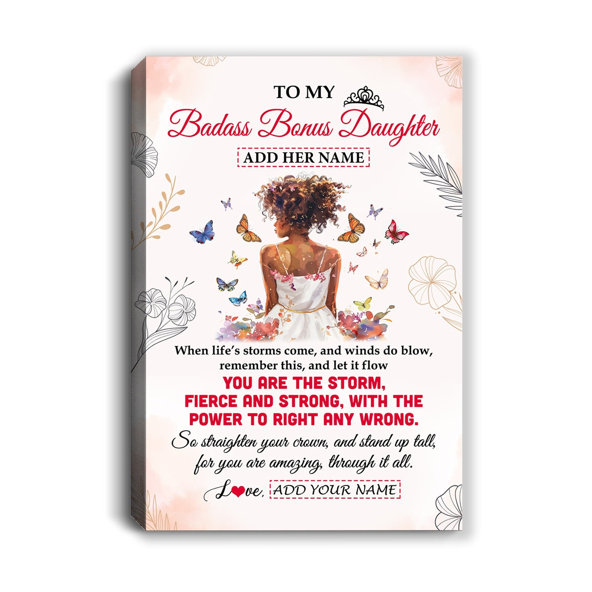 Personalized To My Badass Bonus Daughter Tumbler From Bonus Dad Floral Butterfly African Afro Girl Stepdaughter Birthday Gifts Christmas Custom Wall Art Framed Canvas | siriusteestore