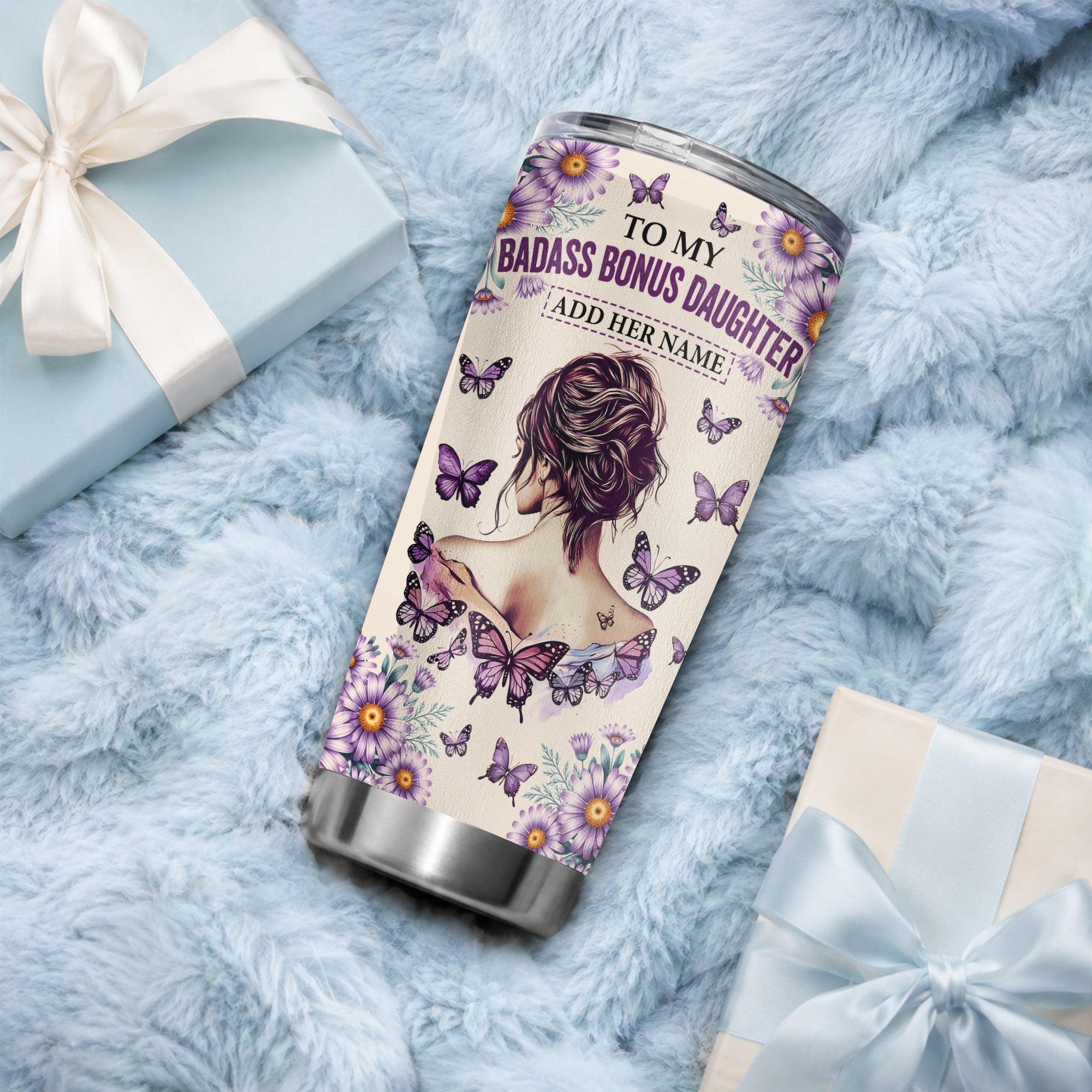 Personalized To My Badass Bonus Daughter Tumbler From Stepdad Stepmom Purple Butterfly I Am The Storm Stepdaughter Gifts Birthday Christmas Custom Stainless Steel Mug | siriusteestore
