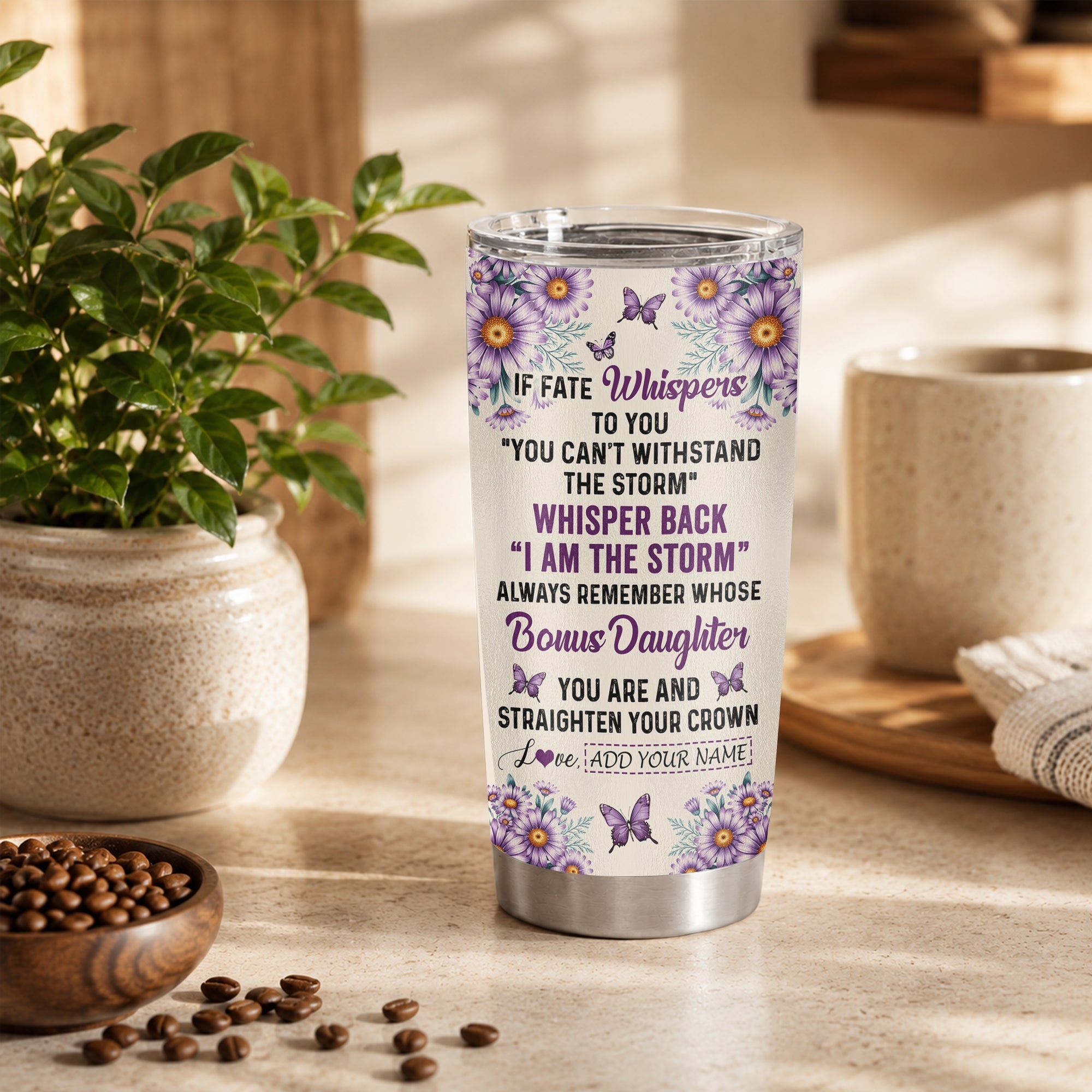 Personalized To My Badass Bonus Daughter Tumbler From Stepdad Stepmom Purple Butterfly I Am The Storm Stepdaughter Gifts Birthday Christmas Custom Stainless Steel Mug | siriusteestore