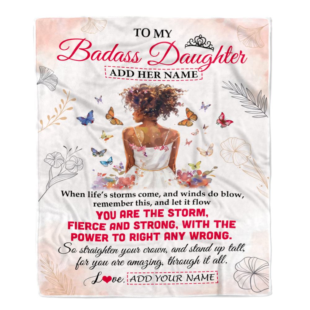 Personalized To My Badass Daughter Blanket From Dad Father Mom Floral Butterfly African Afro Girl Daughter Birthday Gifts Graduation Christmas Fleece Blanket | siriusteestore