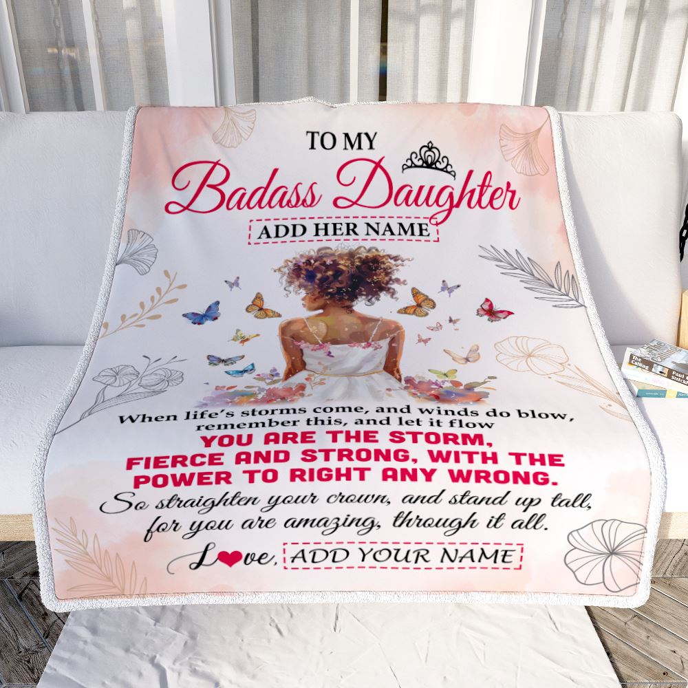 Personalized To My Badass Daughter Blanket From Dad Father Mom Floral Butterfly African Afro Girl Daughter Birthday Gifts Graduation Christmas Fleece Blanket | siriusteestore