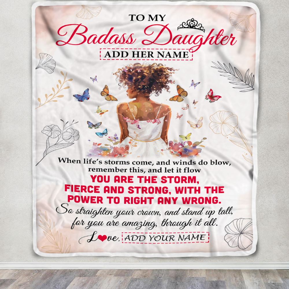 Personalized To My Badass Daughter Blanket From Dad Father Mom Floral Butterfly African Afro Girl Daughter Birthday Gifts Graduation Christmas Fleece Blanket | siriusteestore