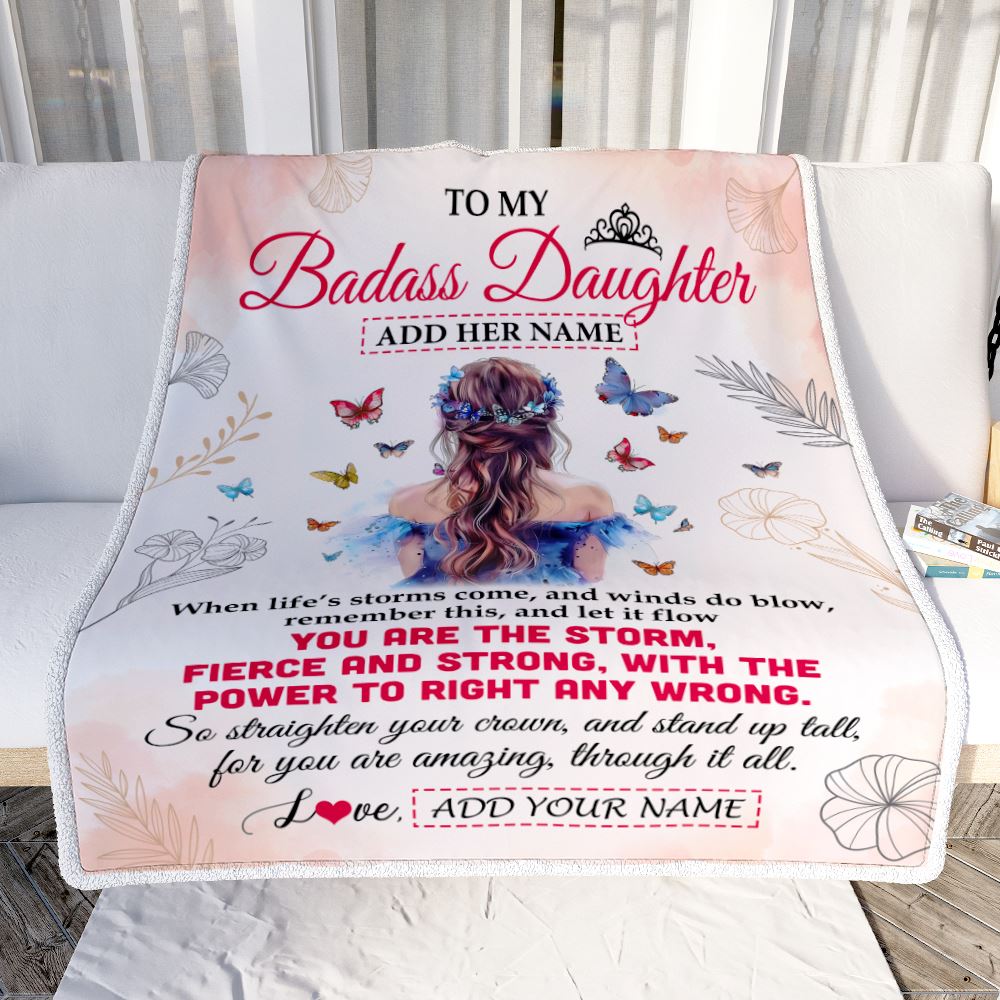 Personalized To My Badass Daughter Blanlet From Mom Dad Mother Floral Butterfly Daughter Birthday Gifts Graduation Christmas Customized Fleece Throw Blanket | siriusteestore