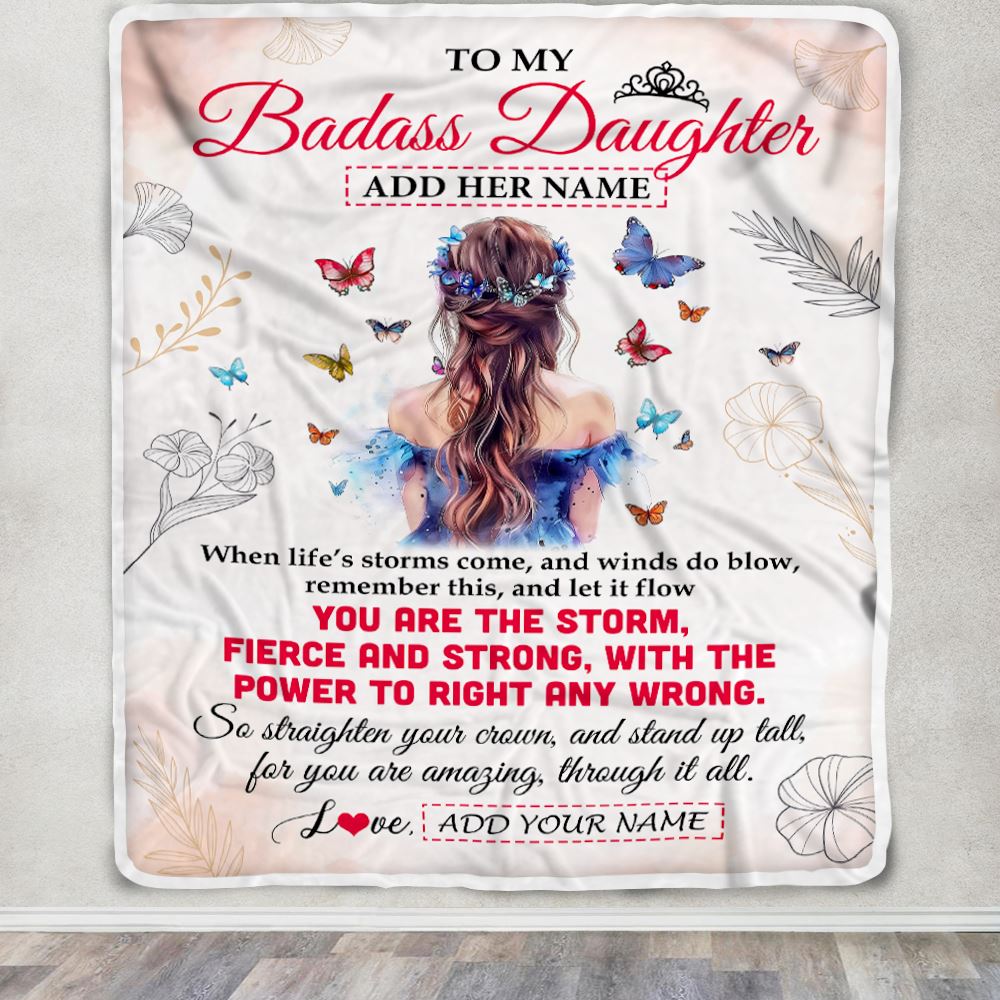 Personalized To My Badass Daughter Blanlet From Mom Dad Mother Floral Butterfly Daughter Birthday Gifts Graduation Christmas Customized Fleece Throw Blanket | siriusteestore