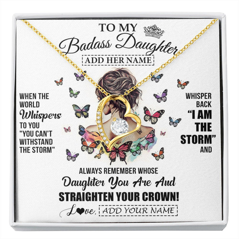 Forever Love Necklace 18K Yellow Gold Finish | 1 | Personalized To My Badass Daughter I Am The Storm Necklace From Dad Mom Father Beautiful Daughter Birthday Gifts Graduation Christmas Gift Box Message Card | https://siriusteestore.