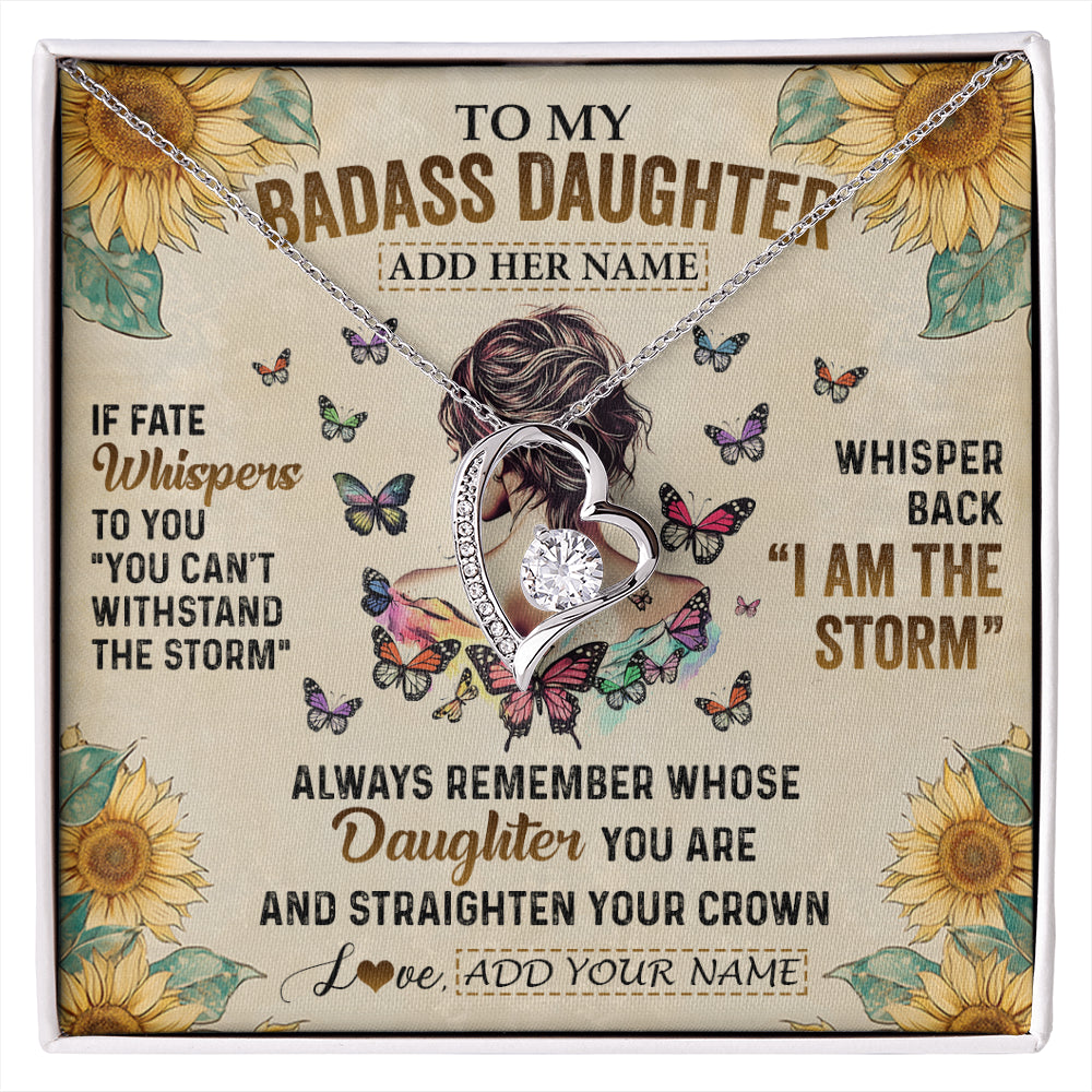 Forever Love Necklace 14K White Gold Finish | 1 | Personalized To My Badass Daughter Necklace From Dad Mom Father I Am The Storm Daughter Gifts Birthday Graduation Christmas Customized Gift Box Message Card | siriusteestore