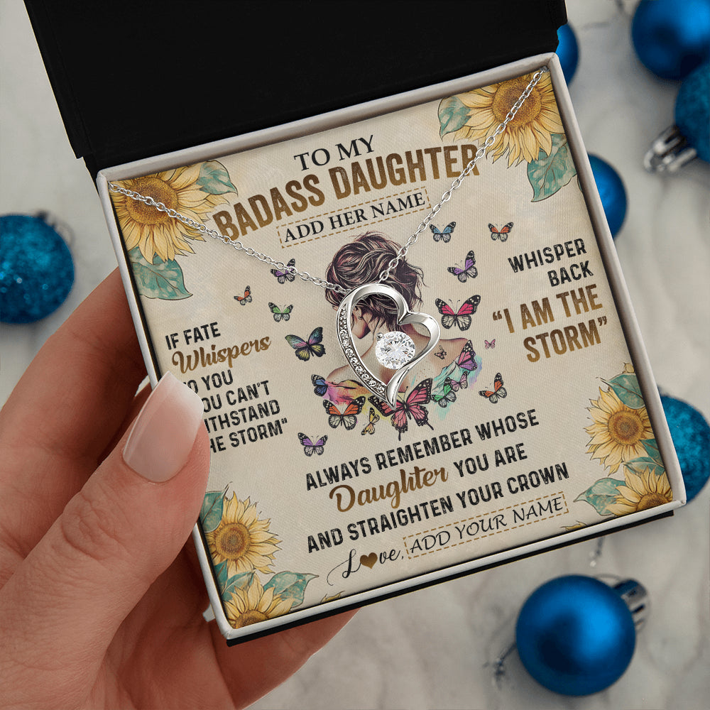 Forever Love Necklace 14K White Gold Finish | 2 | Personalized To My Badass Daughter Necklace From Dad Mom Father I Am The Storm Daughter Gifts Birthday Graduation Christmas Customized Gift Box Message Card | siriusteestore