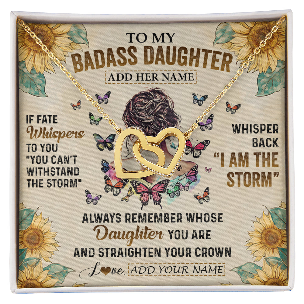 Interlocking Hearts Necklace 18K Yellow Gold Finish | 1 | Personalized To My Badass Daughter Necklace From Dad Mom Father I Am The Storm Daughter Gifts Birthday Graduation Christmas Customized Gift Box Message Card | siriusteestore