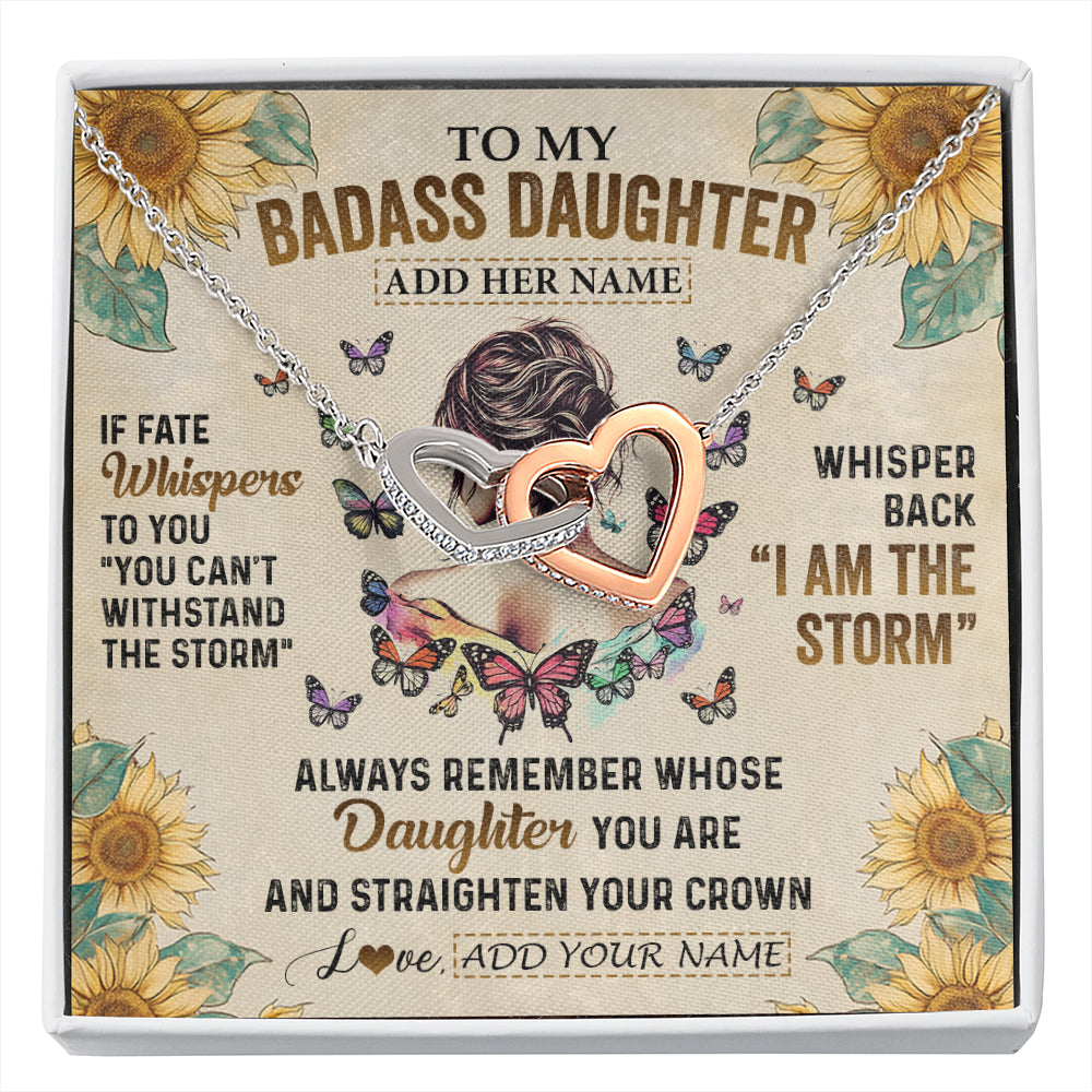 Interlocking Hearts Necklace Stainless Steel & Rose Gold Finish | 1 | Personalized To My Badass Daughter Necklace From Dad Mom Father I Am The Storm Daughter Gifts Birthday Graduation Christmas Customized Gift Box Message Card | siriusteestore