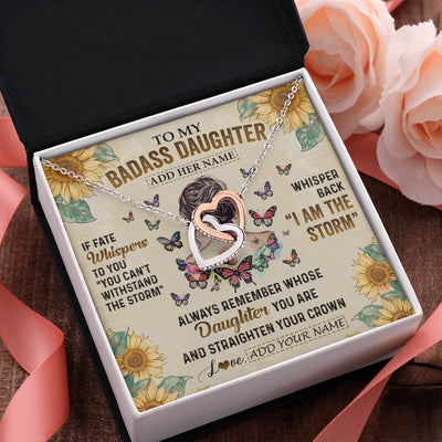 Interlocking Hearts Necklace Stainless Steel & Rose Gold Finish | 2 | Personalized To My Badass Daughter Necklace From Dad Mom Father I Am The Storm Daughter Gifts Birthday Graduation Christmas Customized Gift Box Message Card | siriusteestore