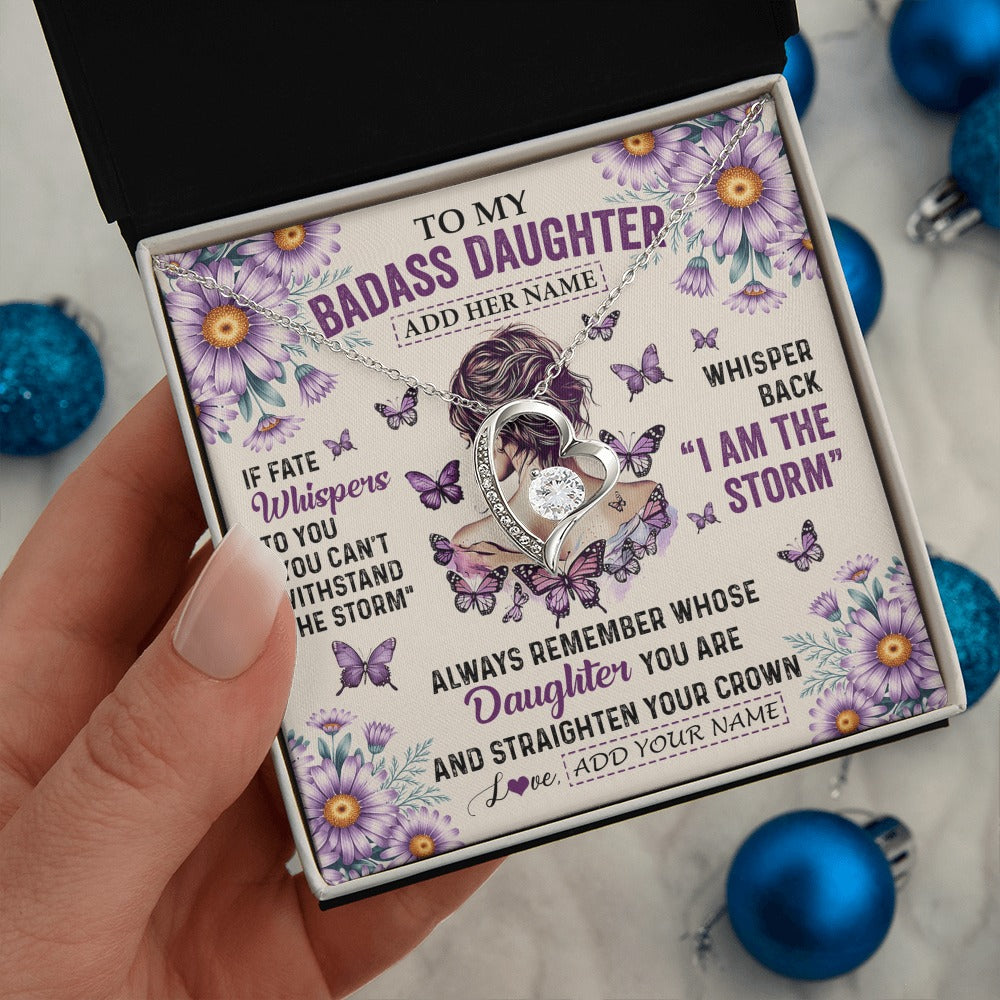 Forever Love Necklace 14K White Gold Finish | 2 | Personalized To My Badass Daughter Necklace From Dad Mom Purple Butterfly I Am The Storm Daughter Gifts Birthday Graduation Christmas Gift Box Message Card | https://siriusteestore.