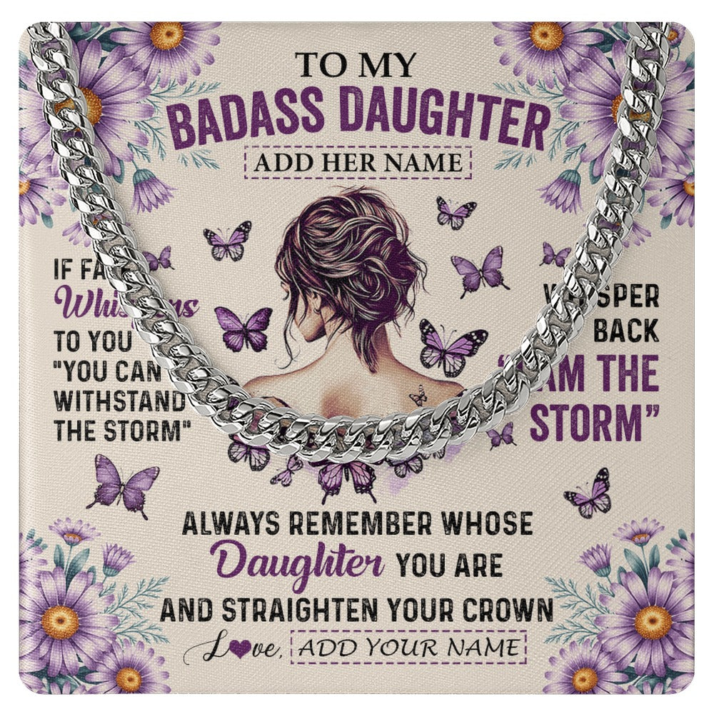 Cuban Link Chain Necklace Stainless Steel | 1 | Personalized To My Badass Daughter Necklace From Dad Mom Purple Butterfly I Am The Storm Daughter Gifts Birthday Graduation Christmas Gift Box Message Card Shirt & Hoodie | https://siriusteestore.